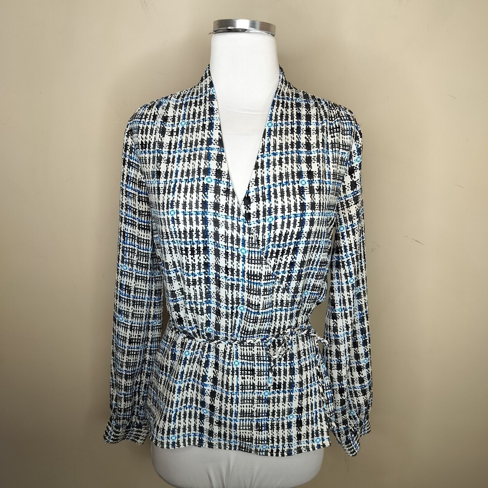 Lands End Wrap Shirt Blue White Plaid‎ Surplice